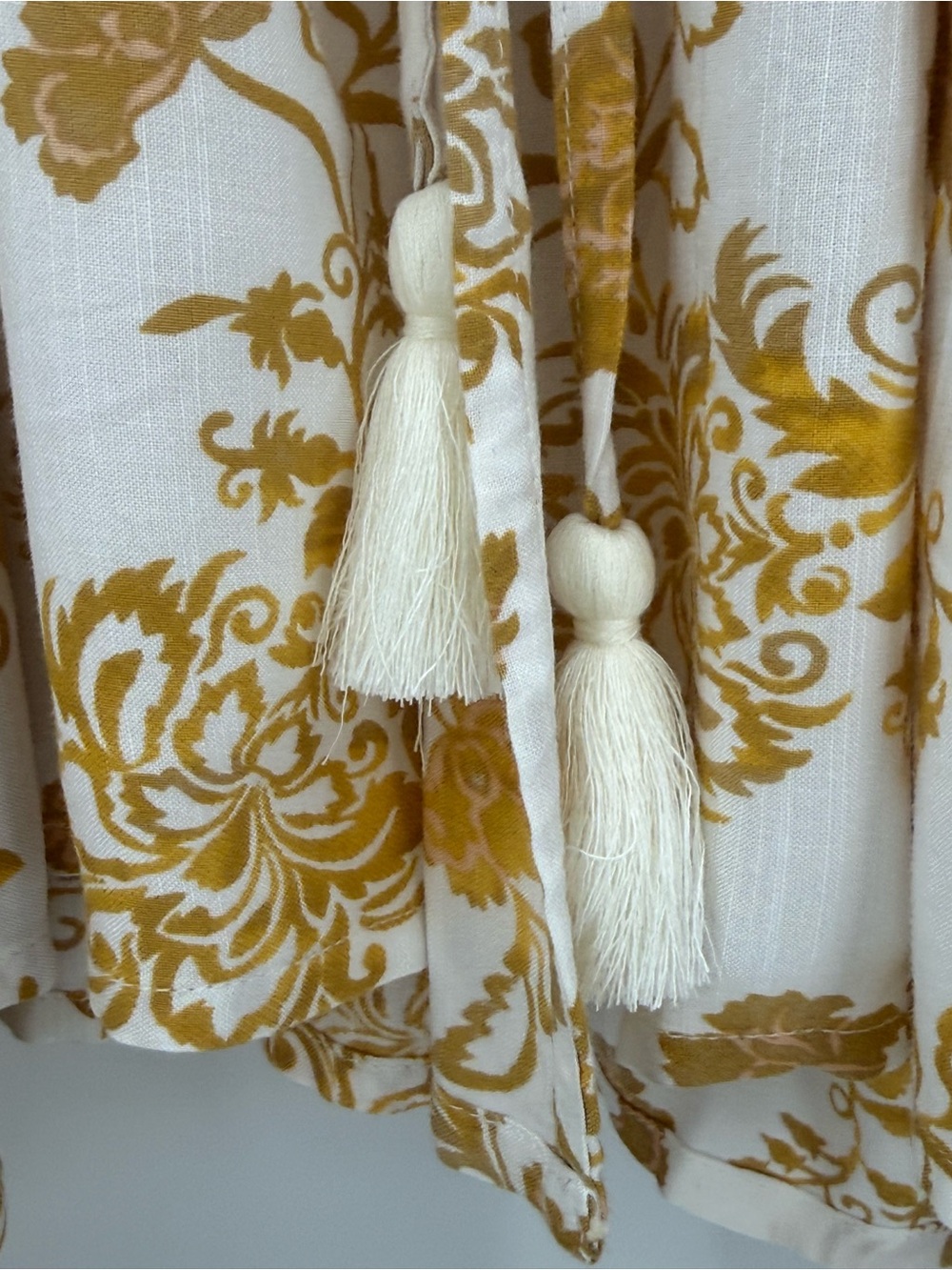 Chico’s Boho Floral Kimono Top Cream Gold Lace Trim Tie Waist Flowy Blouse Sz 2 - Picture 9 of 14